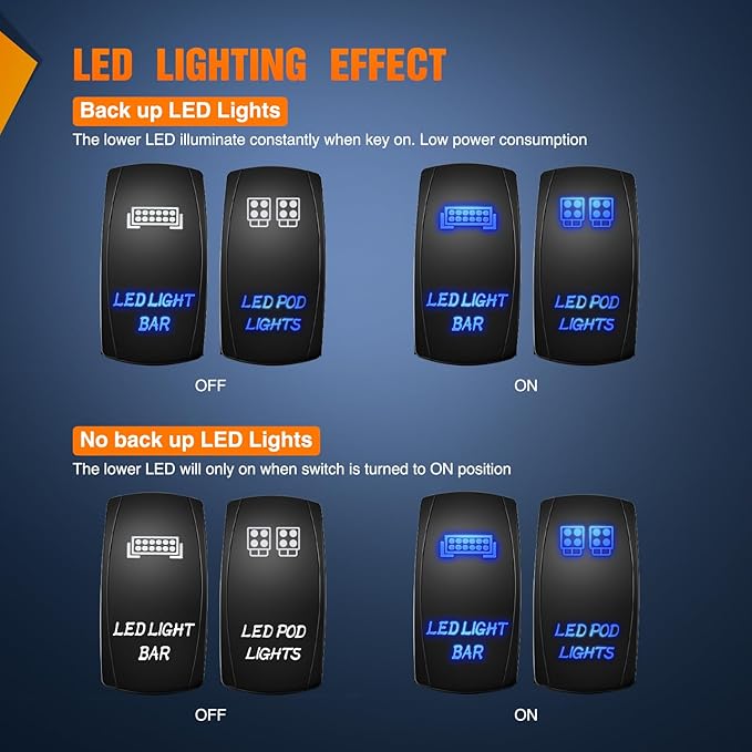 Nilight 2 Pack Led Pod Lights Rocker Switch Light Bar 5 Pin Laser On Off SPST Switches 20A/12V 10A/24V Blue with Jumper Wires Set for Cars Trucks RVs