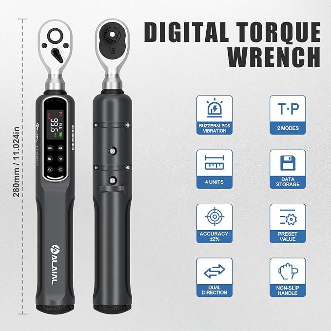 Digital Torque Wrench 3/8 Drive, 1.5-99.6 ft-lb ±2% Accuracy | LED Display, Buzzer&Vibration Alert, 2 Modes, 10 Presets&500 Data Logs, for Lug Nuts, Automotive, Motorcycle Repair