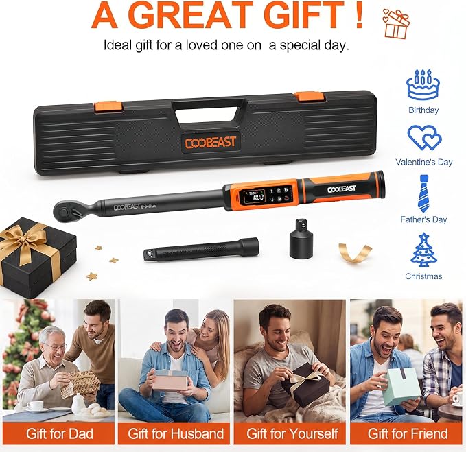 Digital Torque Wrench 1/2 Drive,Preset Value(3.76-250.8Ft.lbs./5.1-340Nm) | Buzzer and LED Alert,±2% High Accuracy,72-Tooth, Quick Release,Reversible,Large Screen,for Bike Motorcycle,Gift for Men,DIY