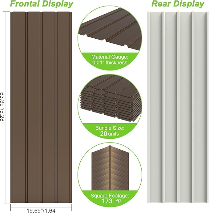 20PCS Metal Roofing Panels, Corrugated Galvanized Roof Panels, Waterproof Metal Siding Panel with 120 Pcs Steel Screws for Pergola, Gazebo, Shed, Garages, Stables and Mobile Homes -Brown