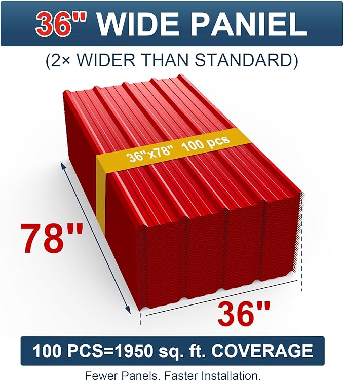 100 Pack PPGI Metal Roofing Panels, 78" x 36", 28 Gauge, 1950 Sq. Ft. Coverage, Prepainted Galvanized Steel Sheets for Residential, Commercial, Pergolas, Gazebos, Fencing, and Patio Roofs（Red）