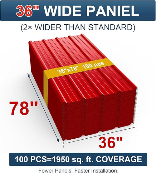 100 Pack PPGI Metal Roofing Panels, 78" x 36", 28 Gauge, 1950 Sq. Ft. Coverage, Prepainted Galvanized Steel Sheets for Residential, Commercial, Pergolas, Gazebos, Fencing, and Patio Roofs（Red）