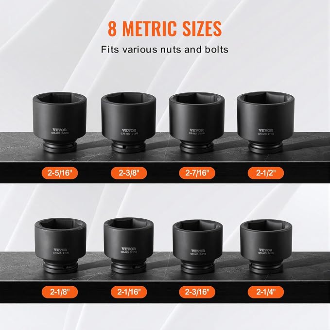 VEVOR Axle Nut Impact Socket Set - 3/4" Drive 6-Point 8-Piece SAE Spindle Nut Socket CR-MO Heat Treated Large Socket Set with Storage Case for Auto Repair, Removing or Installing Axle Nuts