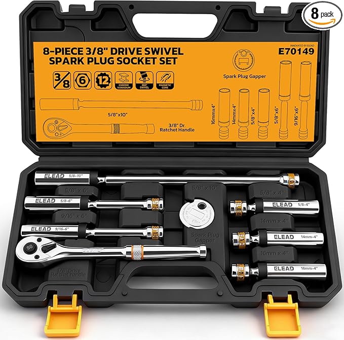 8-Piece 3/8" Drive Magnetic Swivel Spark Plug Socket Set, 5/8", 9/16", 14mm, 16mm, Include Ratchet Handle & Spark Plug Gapper, 6 & 12 Point CR-V Spark Plug Removal Tool