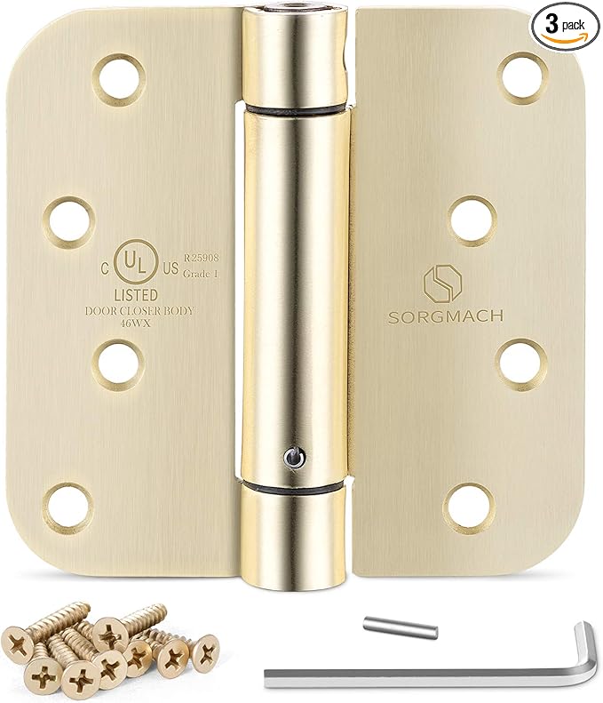 Self Closing Hinge Satin Brass Auto Close Hardware Hinge Outlet Adjustable Spring Hinges Satin Hinges 5/8" Radius Corner for Commercial Grade Self-Closing, UL Listed 3 Pack