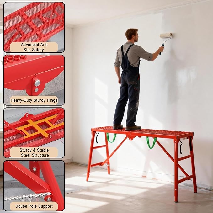800LBS Foldable Scaffolding Platform, 71x16x60 Inch Alloy Steel Adjustable Height Portable Work Ladder, Ideal for Standard Staircase Painting Wiring Car Wash Home Decor & Industrial Maintenance