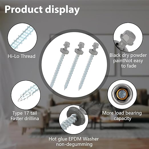 Metal Roofing Screws 10 x 2-1/2 inch, Gray Hex Head Sheet Metal Roof Screw with EPDM Washer for Corrugated Roofing (250Pcs)