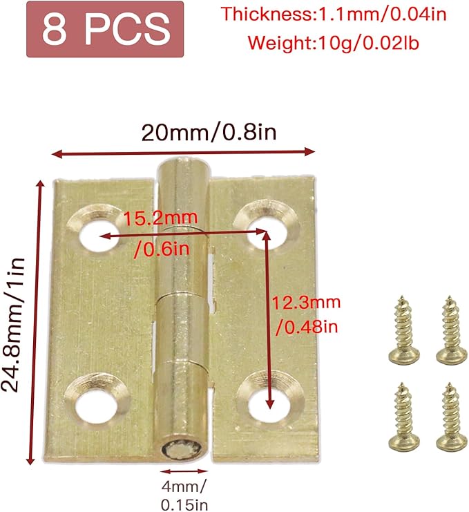 8pcs 1 Inch Gold Cabinet Door Hinges, Lasting Brass Folding Butt Hinges, Surface Polishing Mini Bifold Door Hinges, Small Door Hinges for Cabinets Furniture Drawer Doors