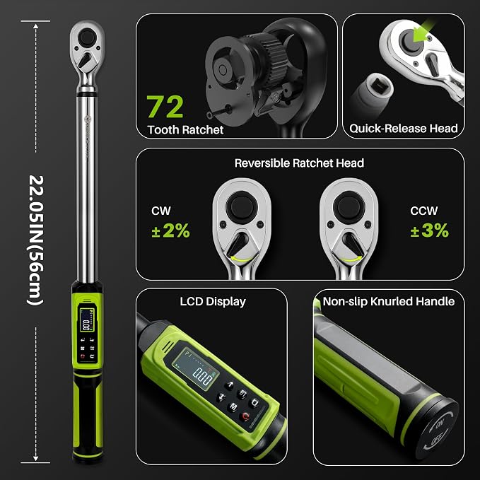 1/2" Digital Torque Wrench Set-3.8-250.8Ft.Lb for Car Auto Trucks | Electric Torque Wrench 1/2 Drive, Vibration Buzzer LED Indicator,±2% Accuracy Five Units for DIYers RV Owners Farmers