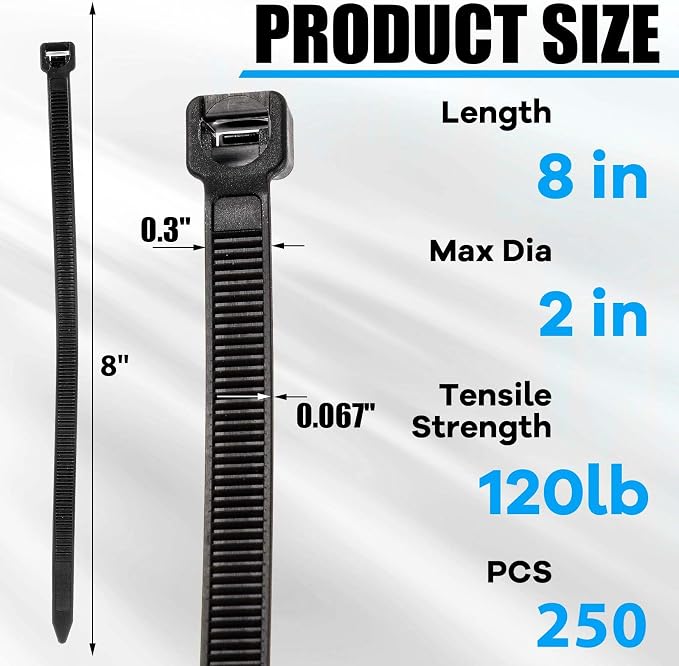 Reallnaive 250 Pcs 8 Inch Zip Ties Heavy Duty 120 Lbs Tensile Strength Black Nylon Wire Cable Ties Bulk for Indoor Outdoor