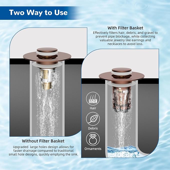 Hibbent 3 Pack 3 in 1 Bathroom Sink Drain Strainer, Universal Pop Up Stopper with Removable Stainless Steel Filter Basket Hair Catcher, Sink Plug for 1.1''~2.36'' Basin, Brass Bullet Core, Rose Gold