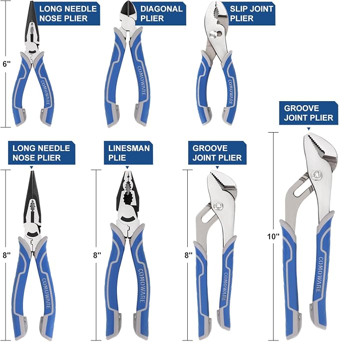 COMOWARE 7Pcs Pliers Set, Mechanic Plier with Rolling Pouch, 10", 8" Groove Joint Pliers, 8" Adjustable Wrench, 8" Linesman, 6" Long Needle Nose, 6" Slip Joint, 6" Diagonal, Roll-Up Pouch Organizer