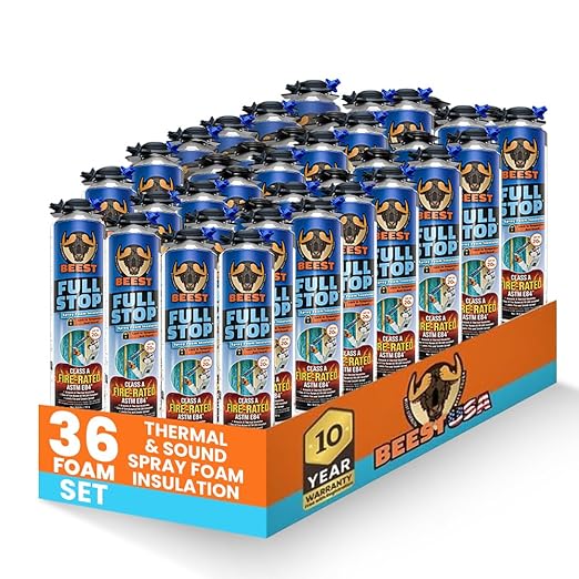 BEEST FullStop Fire-Rated Spray Foam Insulation for Walls & Attics - 720 Board ft/sq.ft - High Density Expanding Spray Insulation Foam Sealant for Thermal & Soundproofing - 36 Pack (36x26.8 oz)