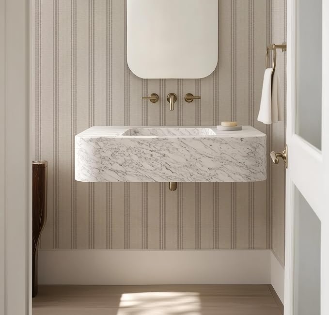 Modern Brown and White Striped Peel and Stick Wallpaper, Removable, French Country Style, Textured Wall Compatible, Stick on Wallpaper for Bathroom and Bedroom (Brown)