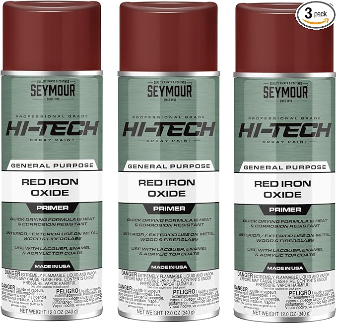 3-Pack Hi-Tech Red Iron Oxide Primer Spray Paint, 12 oz Cans – Model 16-807, Rust-Inhibiting Primer for Metal, Wood & Fiberglass