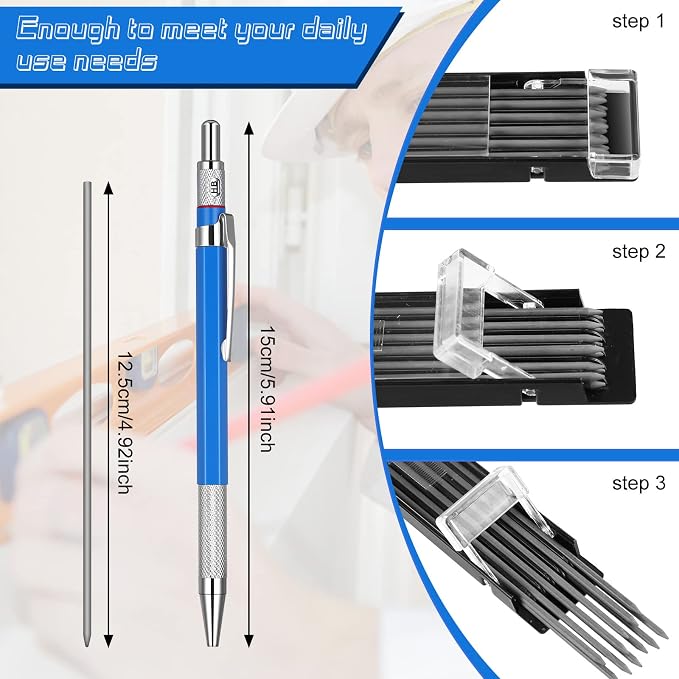 Nezyo 4 Pieces Welder Pencil with 60 Pieces Round Refills Mechanical Pencil Metal Marker Pen for Construction Workers, Metal Work, Welders, Plumbers, Framers (Black, Red, Yellow, Silver)