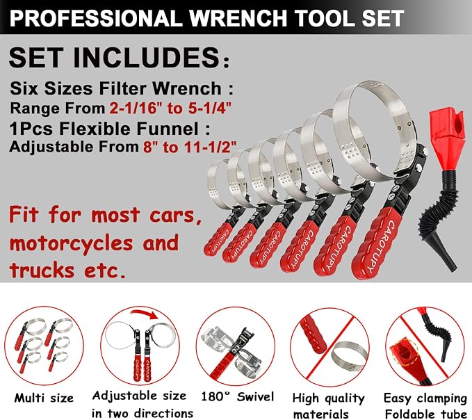 Oil Filter Wrench Set with Small Oil Funnel for Oil Change, 7 Pcs | Universal Oil Filter Removal Tool 2-1/16"-5-1/4", Adjustable Oil Filter Wrench Tool Set, Small Snap-On Oil Funnel