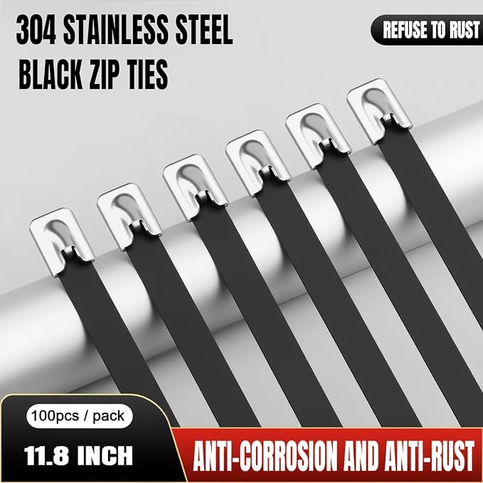 Black Metal Zip Ties, 11.8inch 100pcs Stainless Steel Zip Ties | Uv Resistant Chain Link Fence Ties for Machinery, Exhaust Wrap, Farm, Pipe, Roof, Cable, and Outdoor Fences