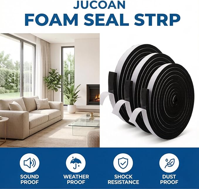 Jucoan 49 Feet Weather Stripping Foam Insulation Tape, 1 Inch Wide x 1/2 Inch Thick Self Adhesive Foam Seal Tape, High Density Door Seal Strip Window