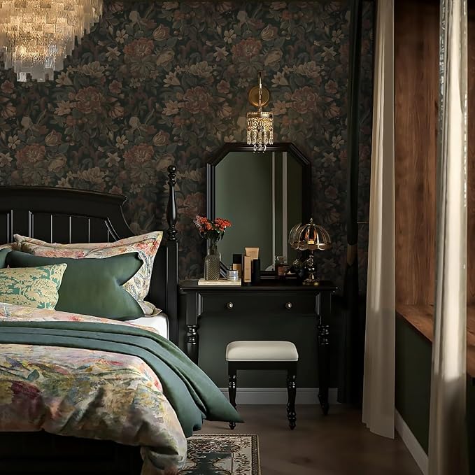 Dimoon Vintage Peel and Stick Wallpaper Dark Green Floral Wall Paper 16.1"x787" Retro Victorian Moody Wallpaper Renter Friendly Dark Floral Gothic Contact Paper for Bedroom Shelf Liner Vinyl Roll