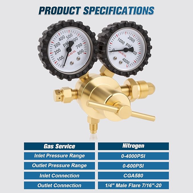 Beaiguna Nitrogen Regulator, 0-800PSI Nitrogen Regulator HVAC with CGA580 Inlet, 1/4" Male Flare Outlet Connection, Nitrogen Tank Regulator for HVAC Purging, Leak Checking, Pressure Testing, Welding