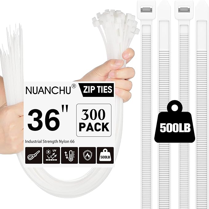 Nuanchu 300 Pcs Zip Ties 36 Inch Heavy Duty 500 lbs Extra Long Large Cable Ties Plastic Nylon Wire Tie for Indoor and Outdoor Use (White)