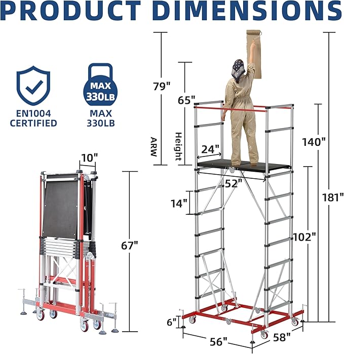 APARECIUM 12’ Aluminum Scaffolding, Foldable Scaffolding Ladder, Multipurpose Rolling Scaffolding Work Platform, Scaffold Tower, Ladder Stool Work Bench, Adjustable Work Platform, 330 Lbs Duty Rate