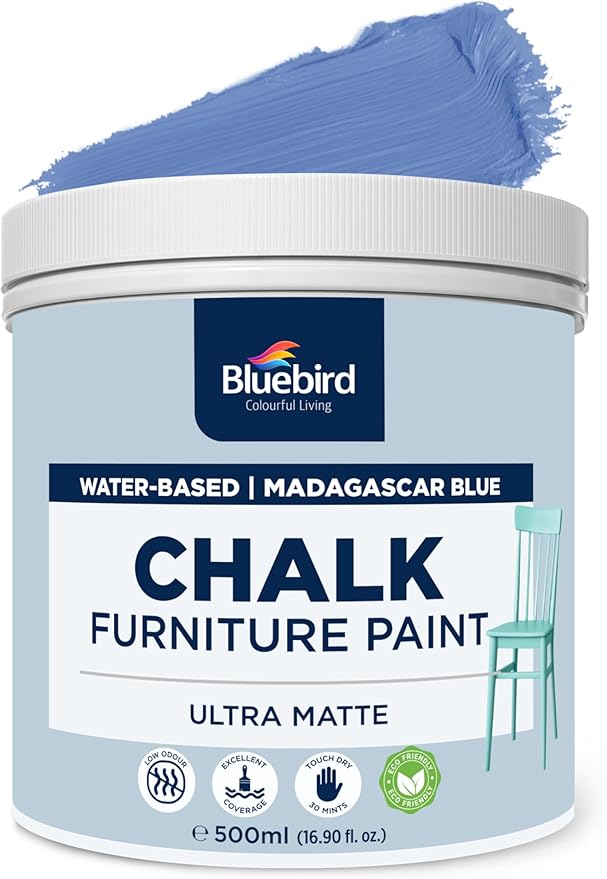 BLUEBIRD Chalk Furniture Paint - 500 ML / 16.9 fl oz for Furniture, Home Décor, Cabinets, and More (Madagascar Blue)