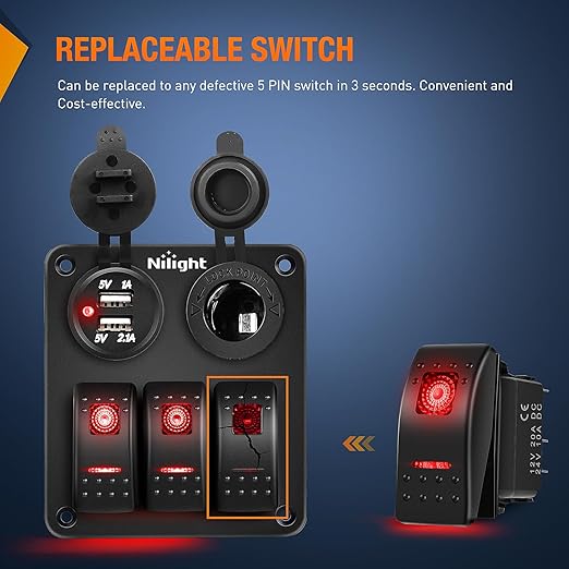 Nilight 3 Pack Rocker Switches with Night Glow DIY Stickers On Off 5 PIN SPST LED Light Red Backlit 12V/24V Toggle for Cars Trucks RVs Boats Auto Motorcycles