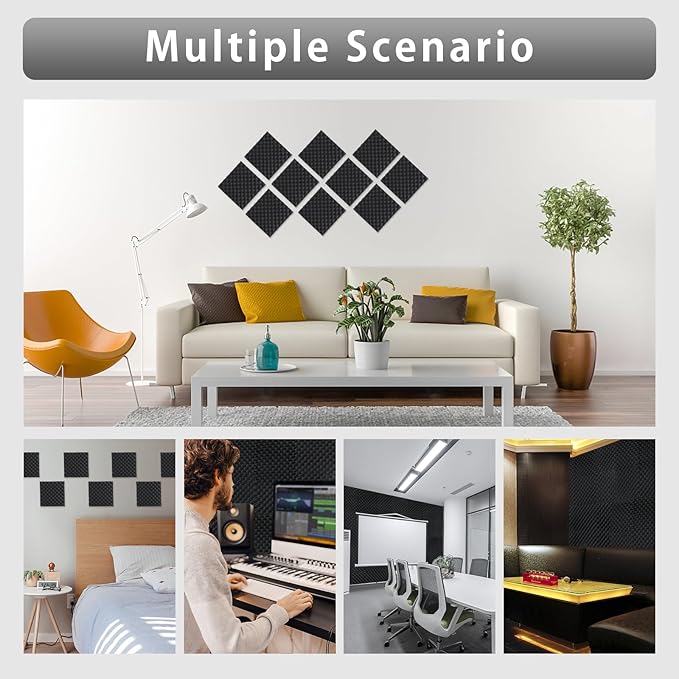 SD SODOCT 24 Pack Self-Adhesive 12" X 12" X 1.2" Egg Crate Soundproof Wall Panels for Studio, Room Acoustic Treatment Foam, Sound Absorbing Foam Black