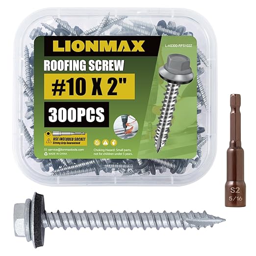 LIONMAX Metal Roofing Screws #10 × 2 Inch, 300-PCS, Rustproof Coating Hex Head Sheet Metal to Wood Siding Screw with Rubber Washer, Sharp Point, Hex Socket Included