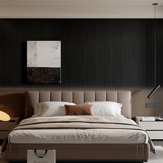YU LI 3DH Peel and Stick PVC Slat Wall Panel 236"x15.75" Self-Adhesive Thick Faux Black Wood Grain Wallpaper Panel 3D Soundproof Wall Panels for Walls & Ceilings