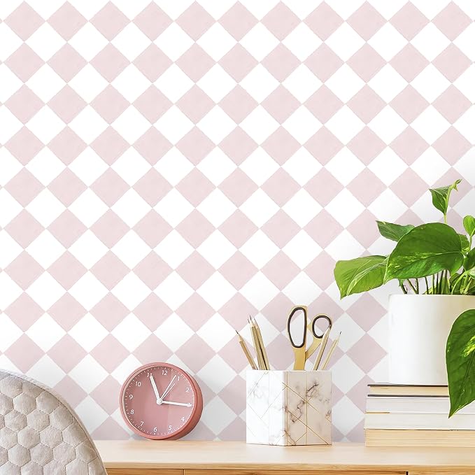 Safiyya 196"x 17.3" Pink and White Checkered Wallpaper Geometric Funky Peel and Stick Wallpaper Self Adhesive Removable Contact Paper Pink Check Wall Paper for Bedroom