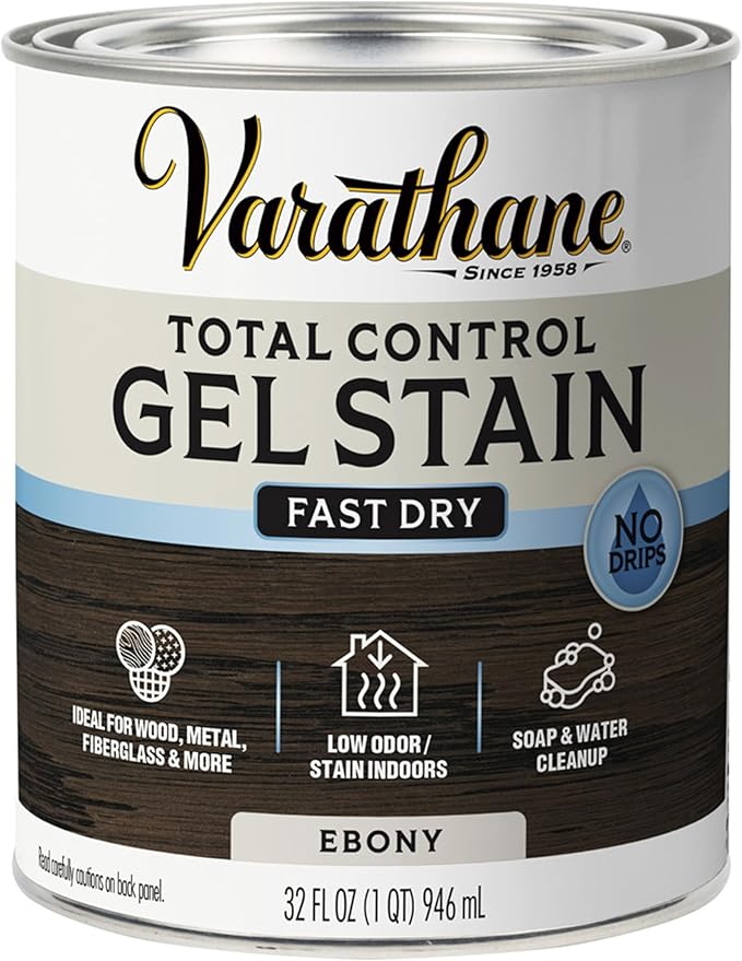 Varathane Total Control Gel Stain | Low Odor Water-Based Formula | Thick Gel Formula for Vertical Surfaces | Ideal for Wood, Metal & Fiberglass | Quart | Ebony