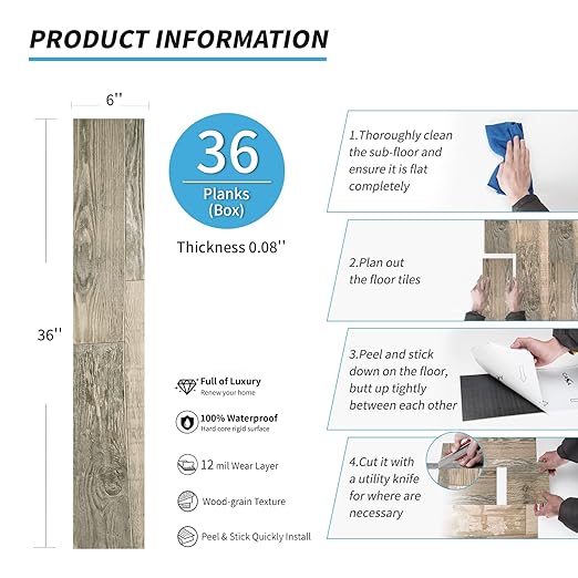 Art3d Peel and Stick Floor Tile Vinyl Wood Plank 36-Pack 54 Sq.Ft, Aged Wood, Rigid Surface Hard Core Easy DIY Self-Adhesive Flooring