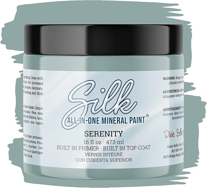 Dixie Belle Silk All-in-One Mineral Paint - Serenity (16oz) - Soothing Blue Water Based Built-In Primer + Topcoat for Wood + Metal - Durable Furniture Paint - Low Reflective Finish