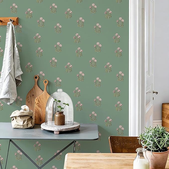 17.3" x 393.7" Vintage Floral Wallpaper Peel and Stick Boho Wallpaper Removable Waterproof Green Rose Pattern Contact Paper for Bedroom, Bathroom, Home Wall