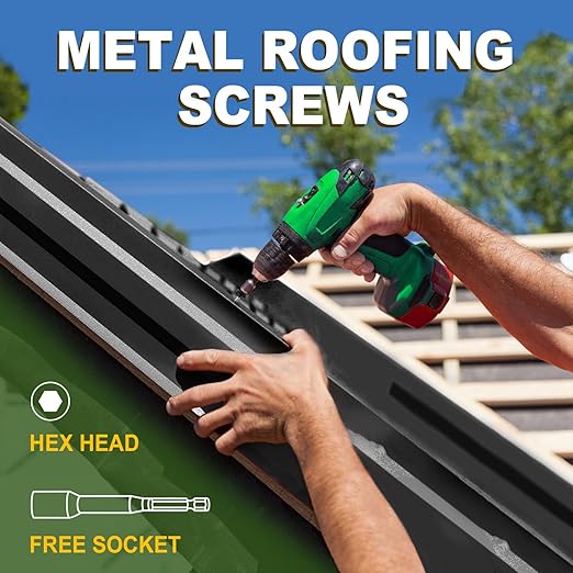 LIONMAX Metal Roofing Screws #10 x 1 Inch, 300-PCS, Black Painted Hex Head Sheet Metal Roof Screws, Rubber Washer, Sharp Point, Metal to Wood Siding Screws, Hex Socket Included