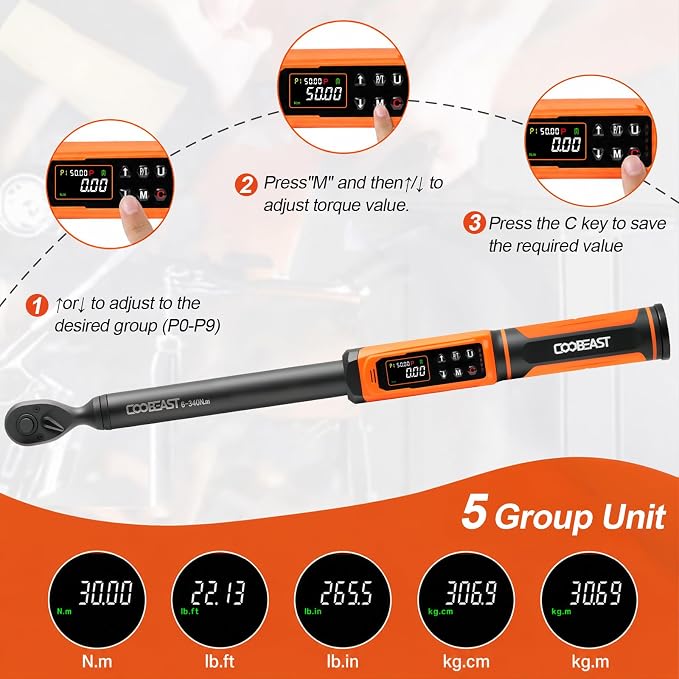 Digital Torque Wrench 1/2 Drive,Preset Value(3.76-250.8Ft.lbs./5.1-340Nm) | Buzzer and LED Alert,±2% High Accuracy,72-Tooth, Quick Release,Reversible,Large Screen,for Bike Motorcycle,Gift for Men,DIY