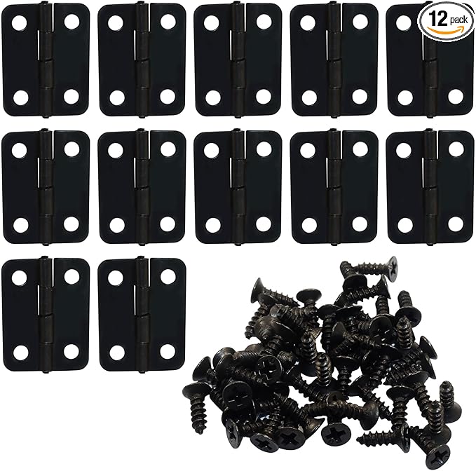 Murtenze 12Pcs Butt Hinge, 1" x 3/4" Metal Foldable Door Hinges with Screws for Cabinet Door Closet, Jewelry, Wooden Box (Black)