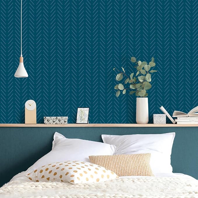 Erfoni Blue Peel and Stick Wallpaper Modern Herringbone Contact Paper | 17.7inch x 236.2inch Geometric Removable Wallpaper Peel and Stick Line Self Adhesive Contact Paper for Bathroom Decor