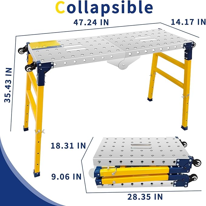 VKE Galvanized Steel Large Work Platform Support 1000 lbs 47"x14", Height 23 to 35 inches Adjustable Folding Portable Platform, Corrosion Resistance Platform Ladders with Rollers Easy to Move Store
