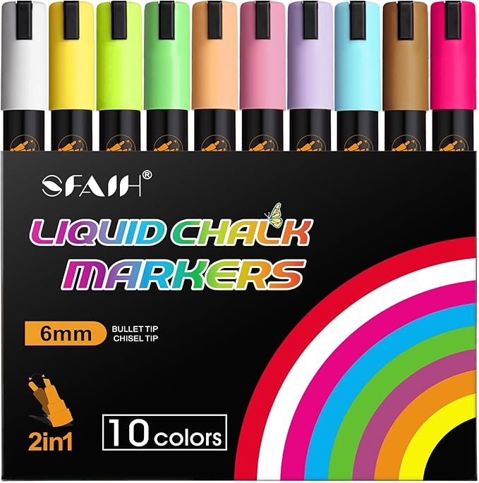 SFAIH 10 Pastel Liquid Chalk Markers [1s Wet Wipe] - No Residue, 6mm Reversible Tip, Chalk Marker for Blackboard, Calendar, Windows, Glass, Stores, Signs, Zero Dust, Ideal for Bistro Home