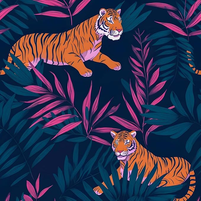Dark Blue Vintage Tiger Peel and Stick Wallpaper 17.5" x 393" | Waterproof Vinyl Self Adhesive Removable Renter Friendly Floral Contact Paper