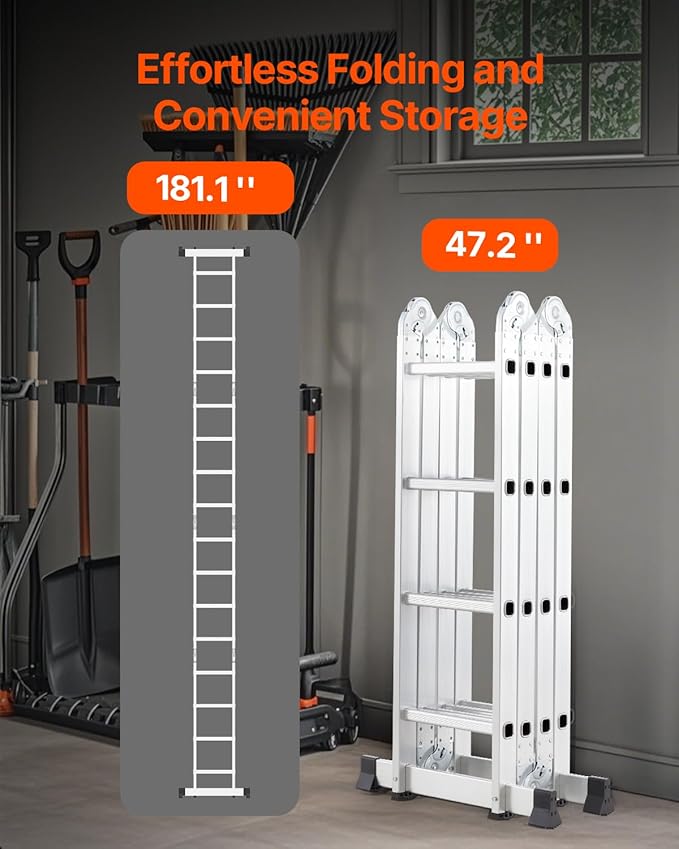VEVOR Multi-Purpose Folding Ladder, 7-in-1 Tall Extension Step Ladder, A Frame 4 Step Telescoping Ladder, 15.5ft Reach Height Heavy Duty Adjustable Ladder, 330 lbs Capacity for Home Outdoor