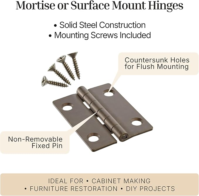 Antique Brass Butt Hinges - 2" x 1-1/2" - Pack of 8 - Flush Mount Cabinet Door Hinges - Furniture Hardware - BH7-SAB (4)