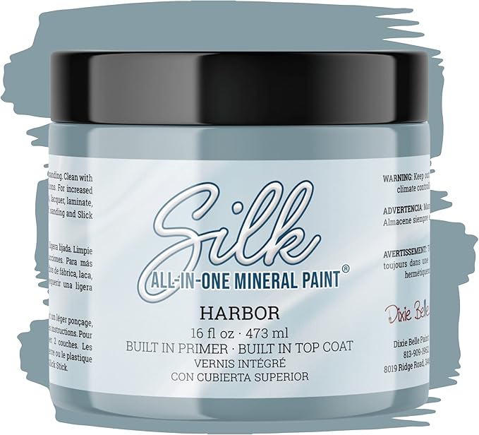 Dixie Belle Silk All-in-One Mineral Paint - Harbor (16 Fl Oz) - Pale Blue Water Based Built-In Primer + Topcoat for Wood + Metal - Durable Furniture Paint - Low Reflective Finish