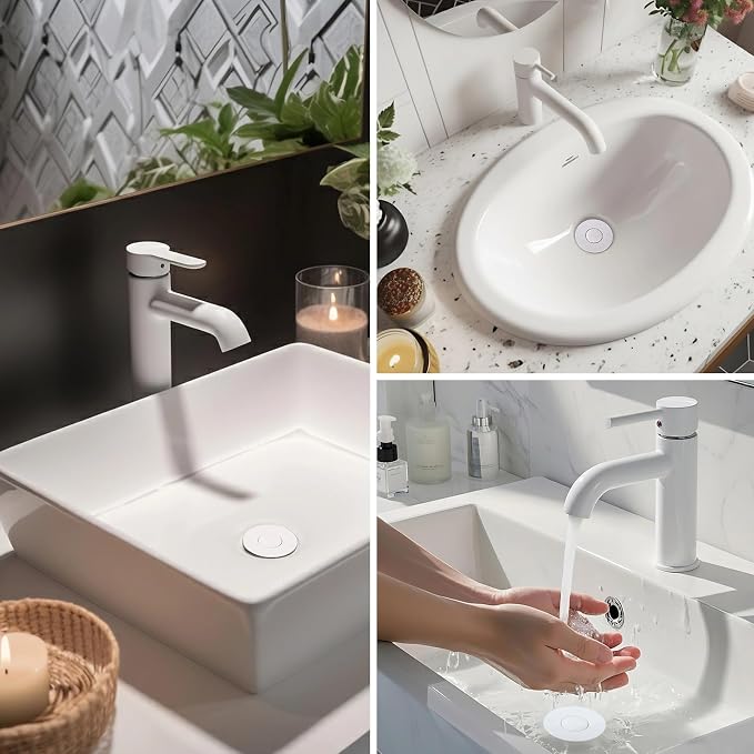 Hibbent 2 Pack 3 in 1 Bathroom Sink Drain Strainer, Universal Pop Up Stopper with Removable Stainless Steel Filter Basket Hair Catcher, Sink Plug for 1.1''~2.36'' Basin, Brass Bullet Core, White