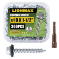 LIONMAX Metal Roofing Screws #10 × 1-1/2 Inch, 300-PCS, Rustproof Coating Hex Head Sheet Metal to Wood Siding Screw with Rubber Washer, Sharp Point, Hex Socket Included