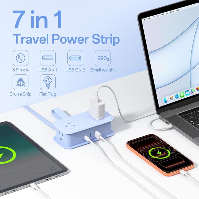 Travel Power Strip, SMALLRT 2 Pcs Extension Cord with Multiple Outlets, 3.3FT Wrapped Extension Flat Plug Power Strip with 4 AC Outlets for Travel, Hotel, Cruise Approved, No Surge Protection, Blue